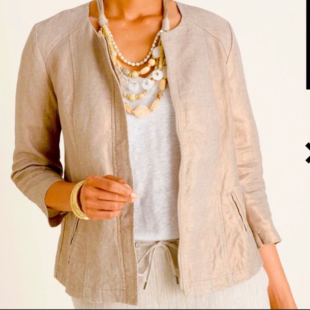 Chico’s Size 1 casual linen modern gold foil 3/4 sleeve jacket